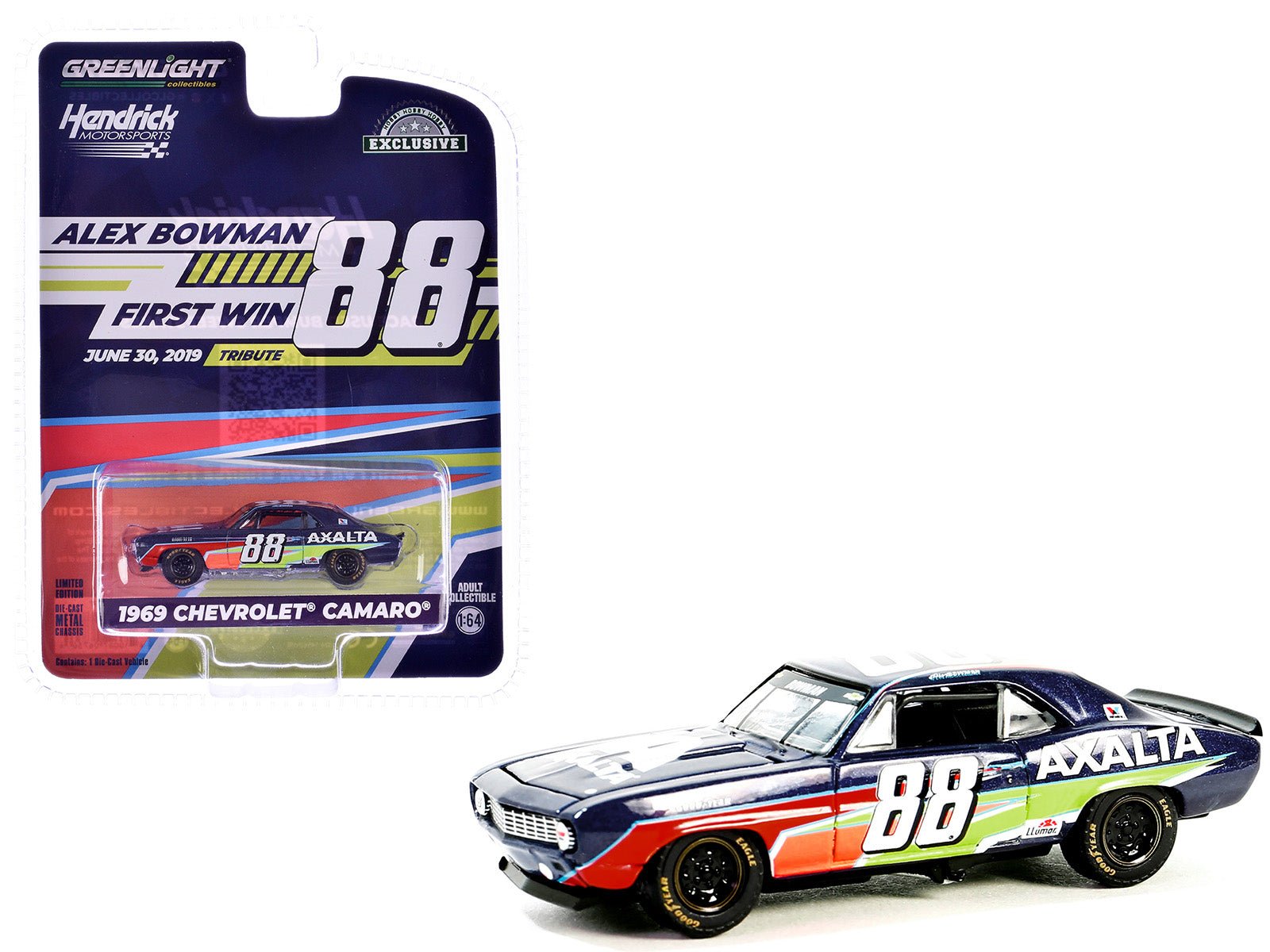 1969 Chevrolet Camaro 88 "Alex Bowman - Hendrick Motorsports First Win Tribute" Dark Blue with Graphics "Hobby Exclusive" Series 1/64 Diecast Model Car by Greenlight free shipping USA - Rapid Vehicles