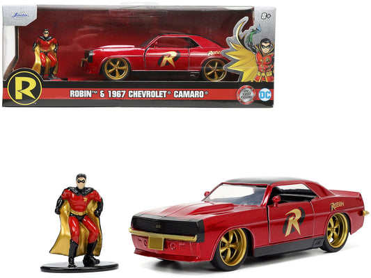 1969 Chevrolet Camaro Dark Red Metallic with Black Top and Robin Diecast Figure "Batman" "Hollywood Rides" Series 1/32 Diecast Model Car by Jada free shipping USA - Rapid Vehicles