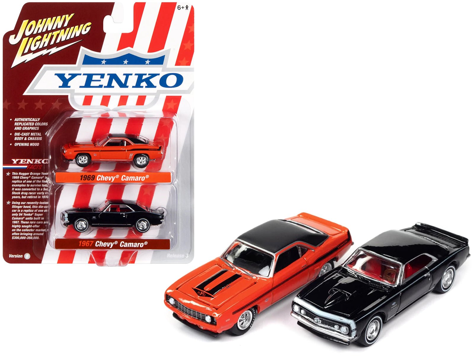 1969 Chevrolet Camaro Hugger Orange with Black Top and Stripes and 1967 Chevrolet Camaro Black with White Stripe and Red Interior "Yenko" Series Set of 2 Cars 1/64 Diecast Model Cars by Johnny Lightning free shipping USA - Rapid Vehicles