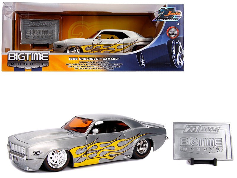 1969 Chevrolet Camaro Raw Metal with Yellow Flames "Bigtime Muscle" "Jada 20th Anniversary" 1/24 Diecast Model Car by Jada free shipping USA - Rapid Vehicles