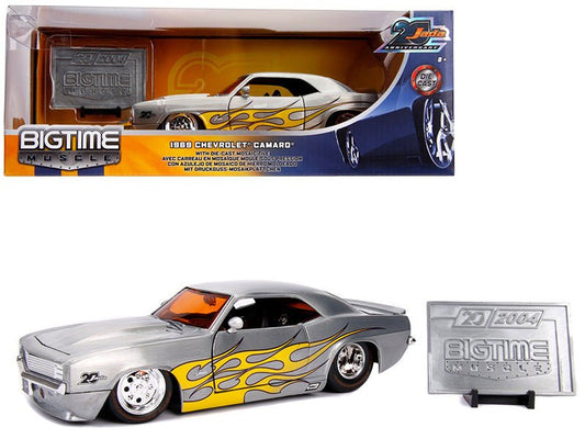 1969 Chevrolet Camaro Raw Metal with Yellow Flames "Bigtime Muscle" "Jada 20th Anniversary" 1/24 Diecast Model Car by Jada free shipping USA - Rapid Vehicles
