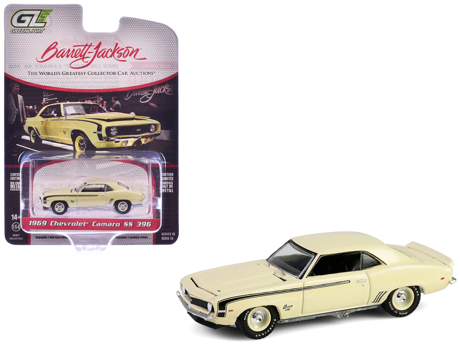 1969 Chevrolet Camaro SS 396 Butternut Yellow with Black Stripes "Barrett - Jackson" Series 15 1/64 Diecast Model Car by Greenlight free shipping USA - Rapid Vehicles