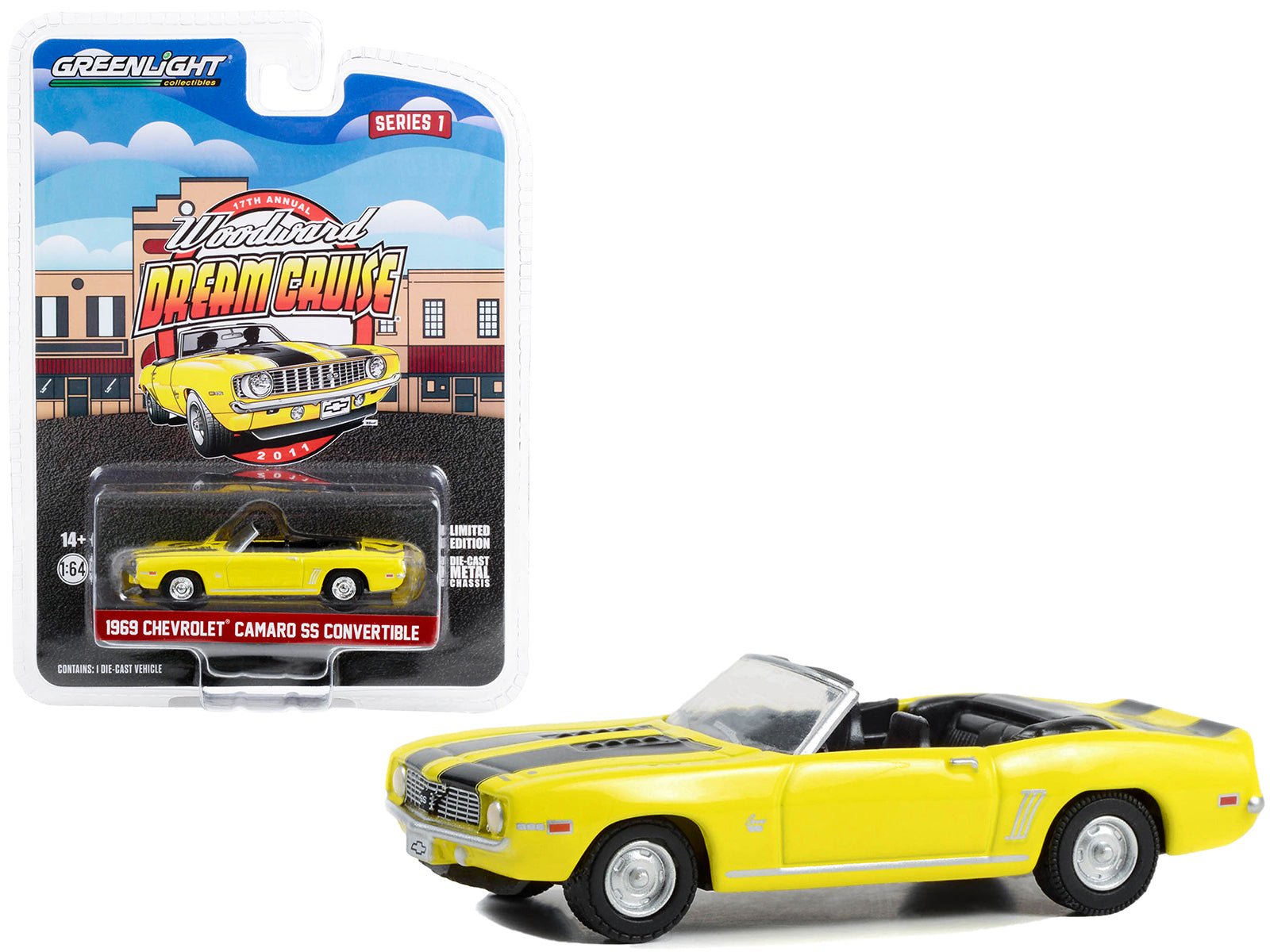 1969 Chevrolet Camaro SS Convertible Yellow with Black Stripes "17th Annual Woodward Dream Cruise Featured Heritage Vehicle" (2011) "Woodward Dream Cruise" Series 1 1/64 Diecast Model Car by Greenlight free shipping USA - Rapid Vehicles