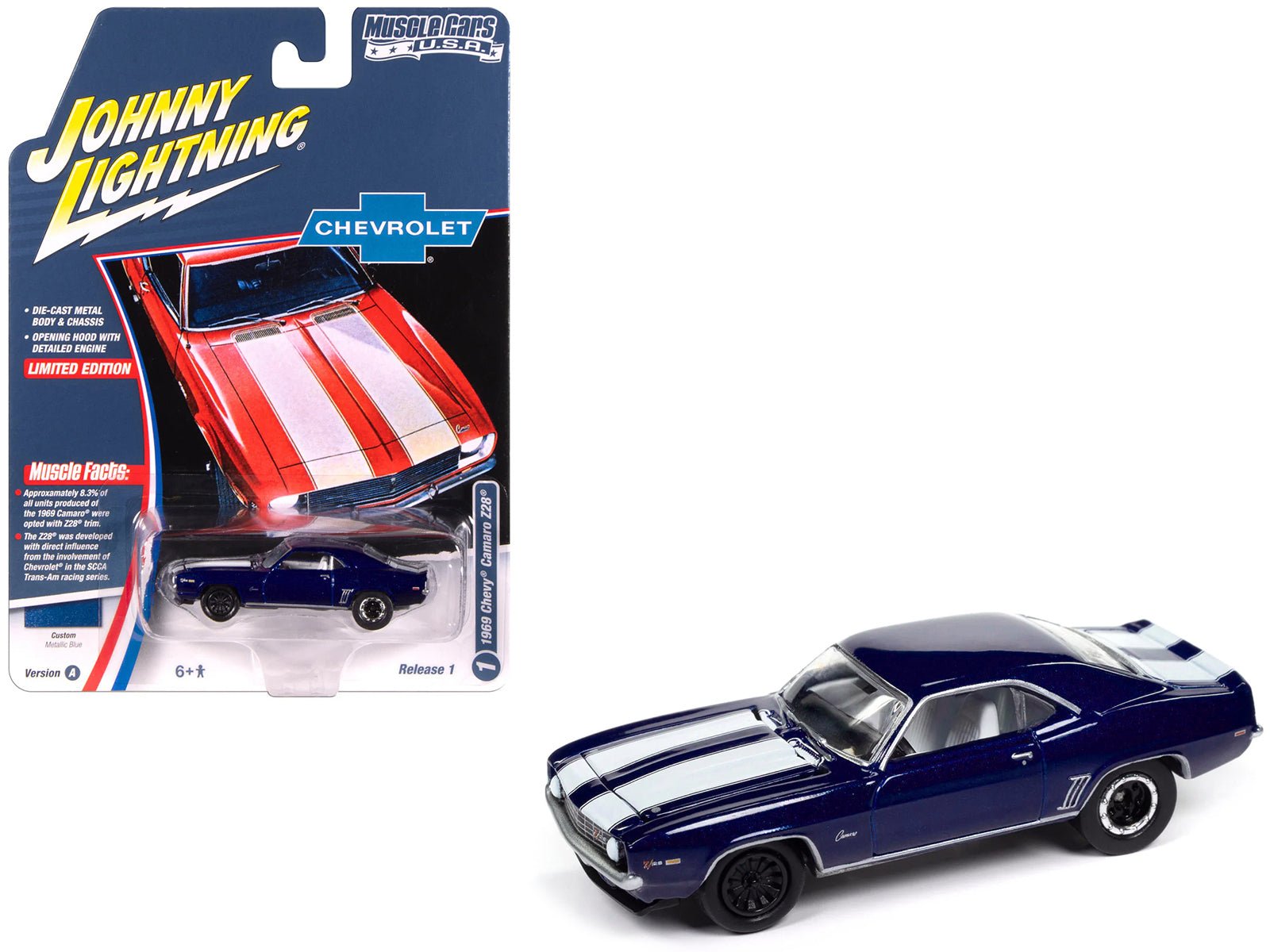1969 Chevrolet Camaro Z28 Blue Metallic with White Stripes and Interior "Muscle Cars USA" Series 1/64 Diecast Model Car by Johnny Lightning free shipping USA - Rapid Vehicles