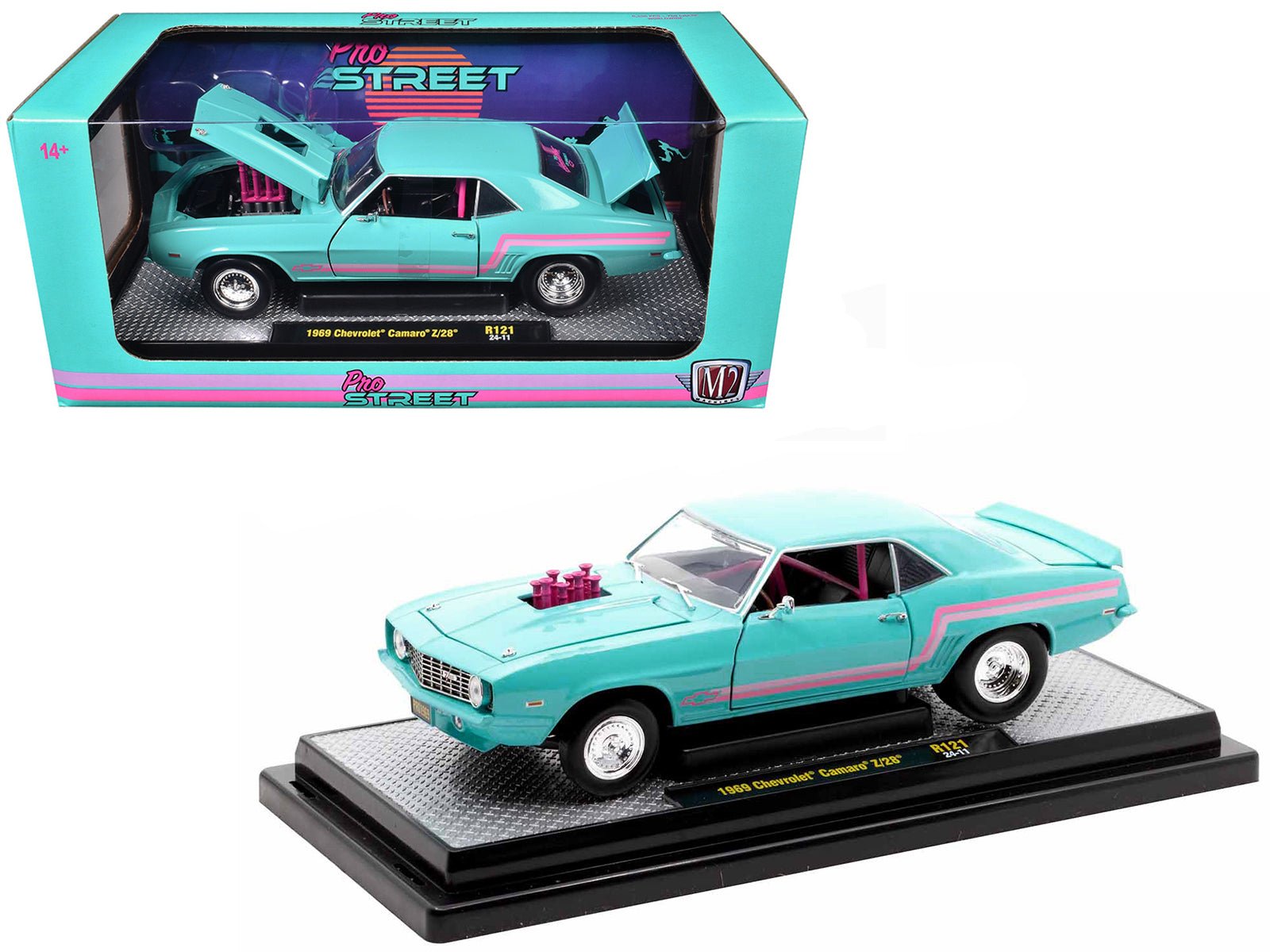 1969 Chevrolet Camaro Z/28 Light Blue with Pink Stripes "Pro Street" Limited Edition to 6250 pieces Worldwide 1/24 Diecast Model Car by M2 Machines free shipping USA - Rapid Vehicles