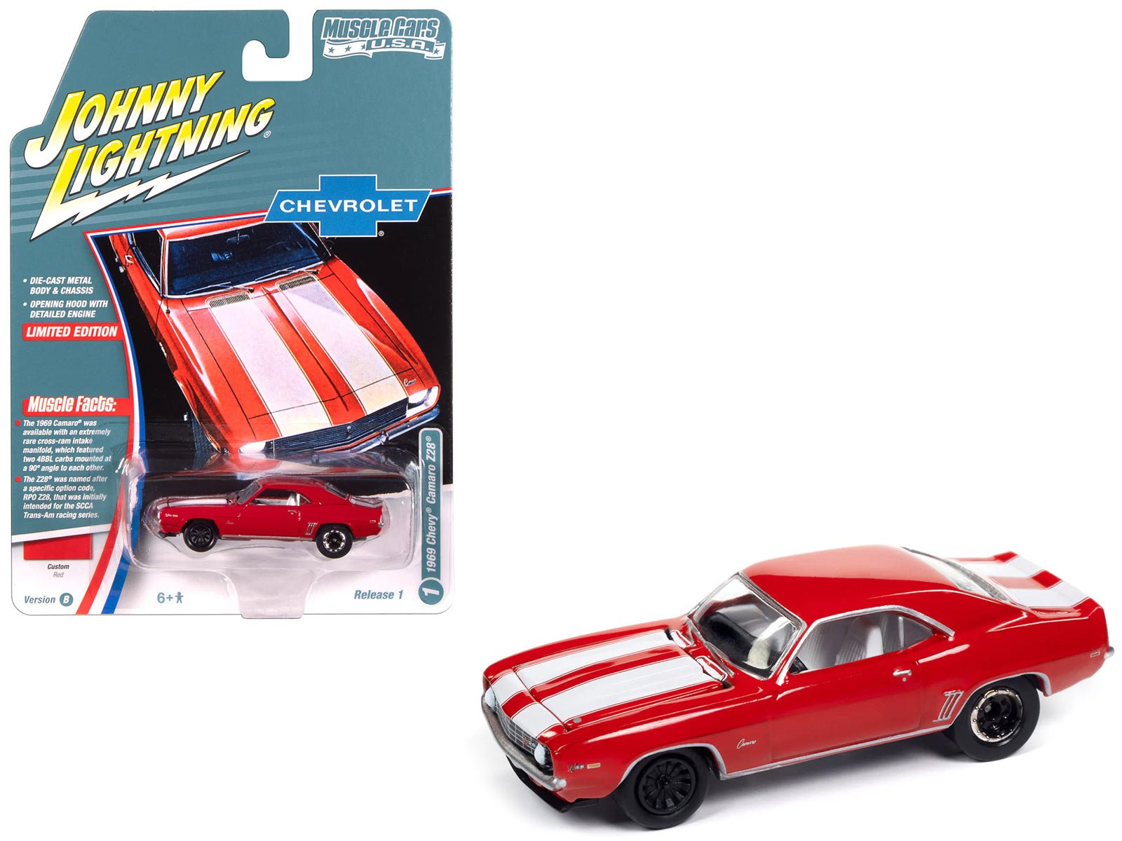 1969 Chevrolet Camaro Z28 Red with White Stripes and Interior "Muscle Cars USA" Series 1/64 Diecast Model Car by Johnny Lightning free shipping USA - Rapid Vehicles