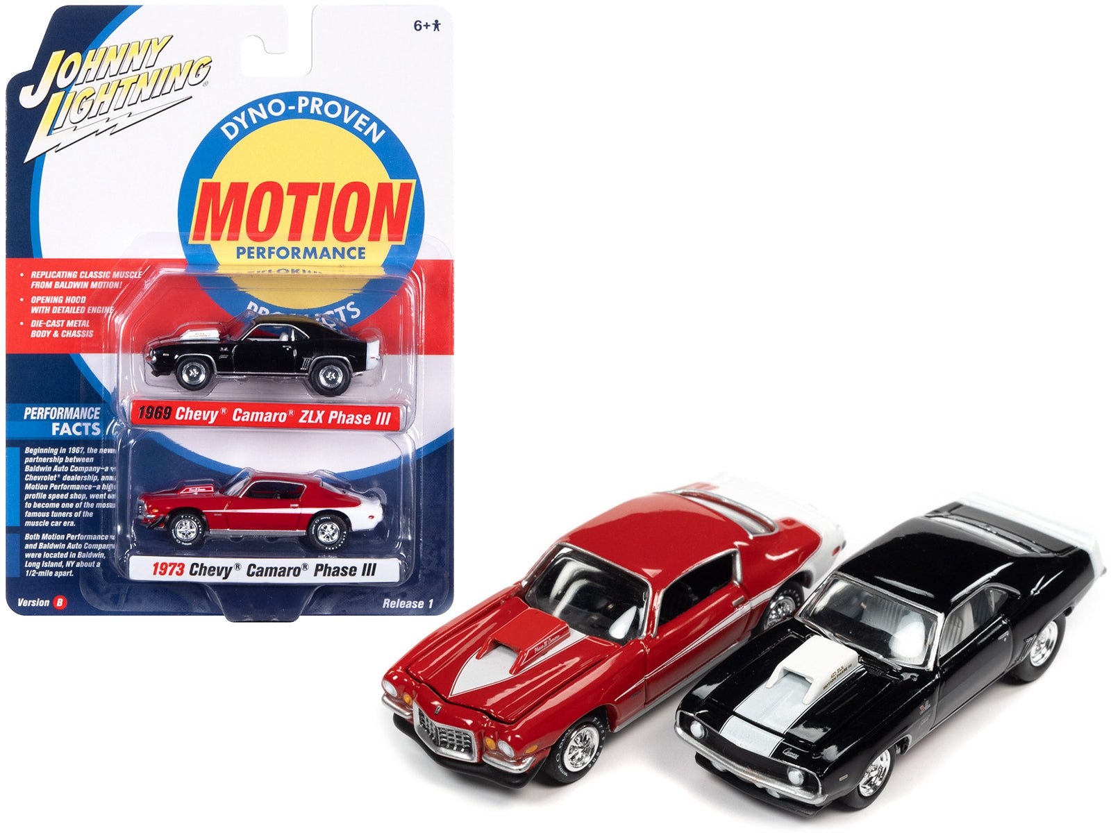 1969 Chevrolet Camaro ZLX Phase III Black with White Stripes and 1973 Chevrolet Camaro Phase III Medium Red and White "Baldwin Motion" Set of 2 Cars 1/64 Diecast Model Cars by Johnny Lightning free shipping USA - Rapid Vehicles