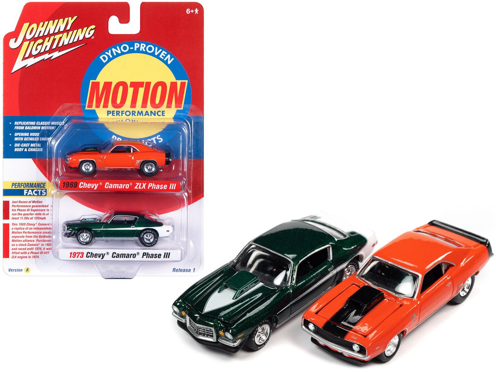 1969 Chevrolet Camaro ZLX Phase III Hugger Orange with Black Stripes and 1973 Chevrolet Camaro Phase III Dark Green Metallic and White "Baldwin Motion" Set of 2 Cars 1/64 Diecast Model Cars by Johnny Lightning free shipping USA - Rapid Vehicles