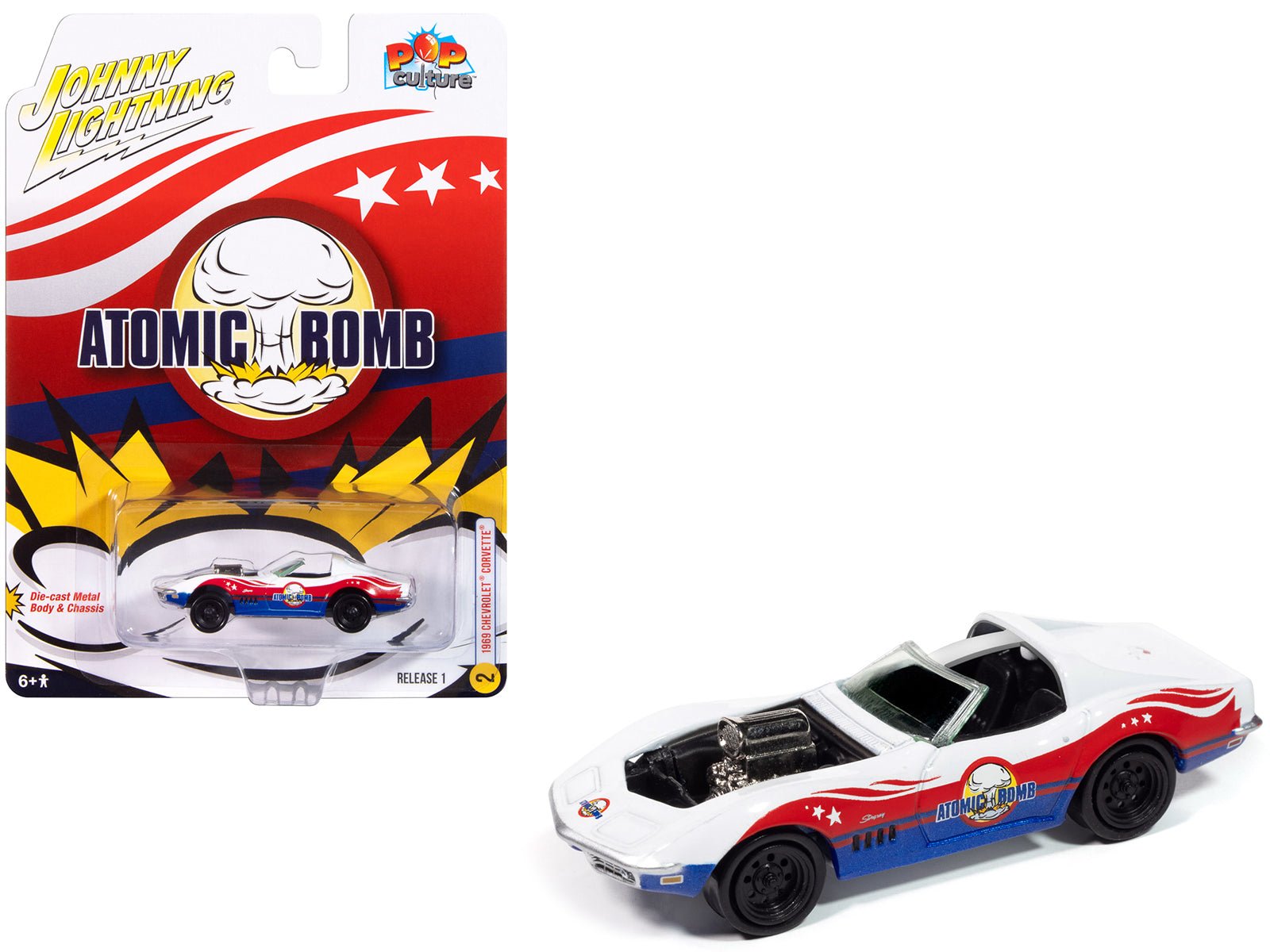 1969 Chevrolet Corvette "Atomic Bomb" White with Red and Blue Graphics "Stuntman Mike's Ride Along Racing" "Pop Culture" 2025 Release 1 1/64 Diecast Model Car by Johnny Lightning free shipping USA - Rapid Vehicles