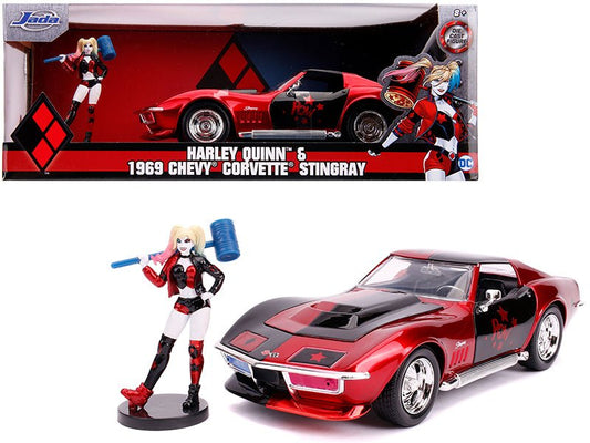 1969 Chevrolet Corvette Stingray with Harley Quinn Diecast Figurine "DC Comics" Series 1/24 Diecast Model Car by Jada free shipping USA - Rapid Vehicles