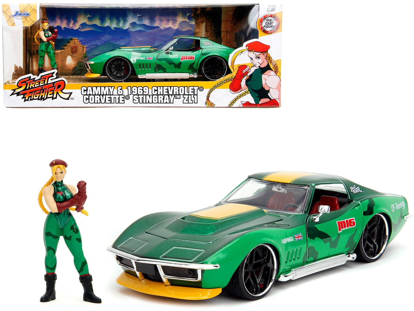 1969 Chevrolet Corvette Stingray ZL1 Green Metallic with Yellow Stripes and Cammy Diecast Figure "Street Fighter" Video Game "Anime Hollywood Rides" Series 1/24 Diecast Model Car by Jada free shipping USA - Rapid Vehicles