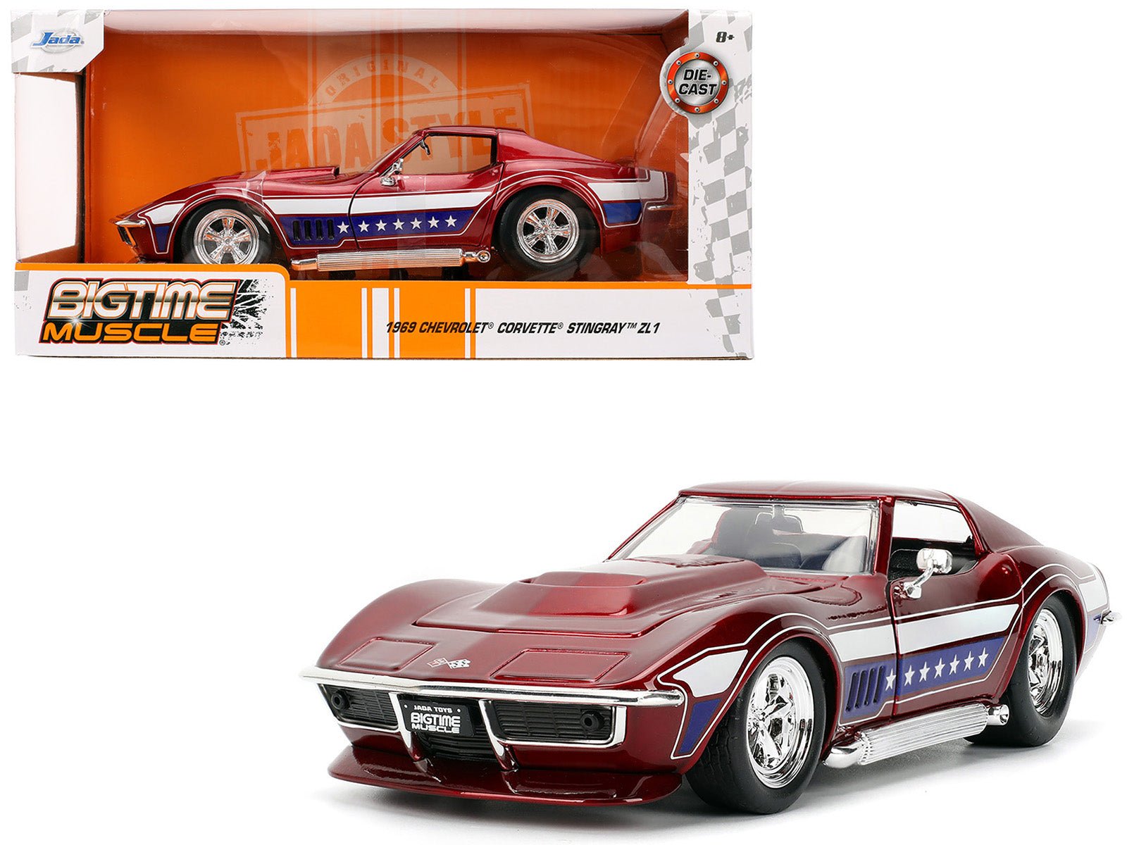 1969 Chevrolet Corvette Stingray ZL1 Red Metallic with Stars and Stripes Graphics "Bigtime Muscle" Series 1/24 Diecast Model Car by Jada free shipping USA - Rapid Vehicles