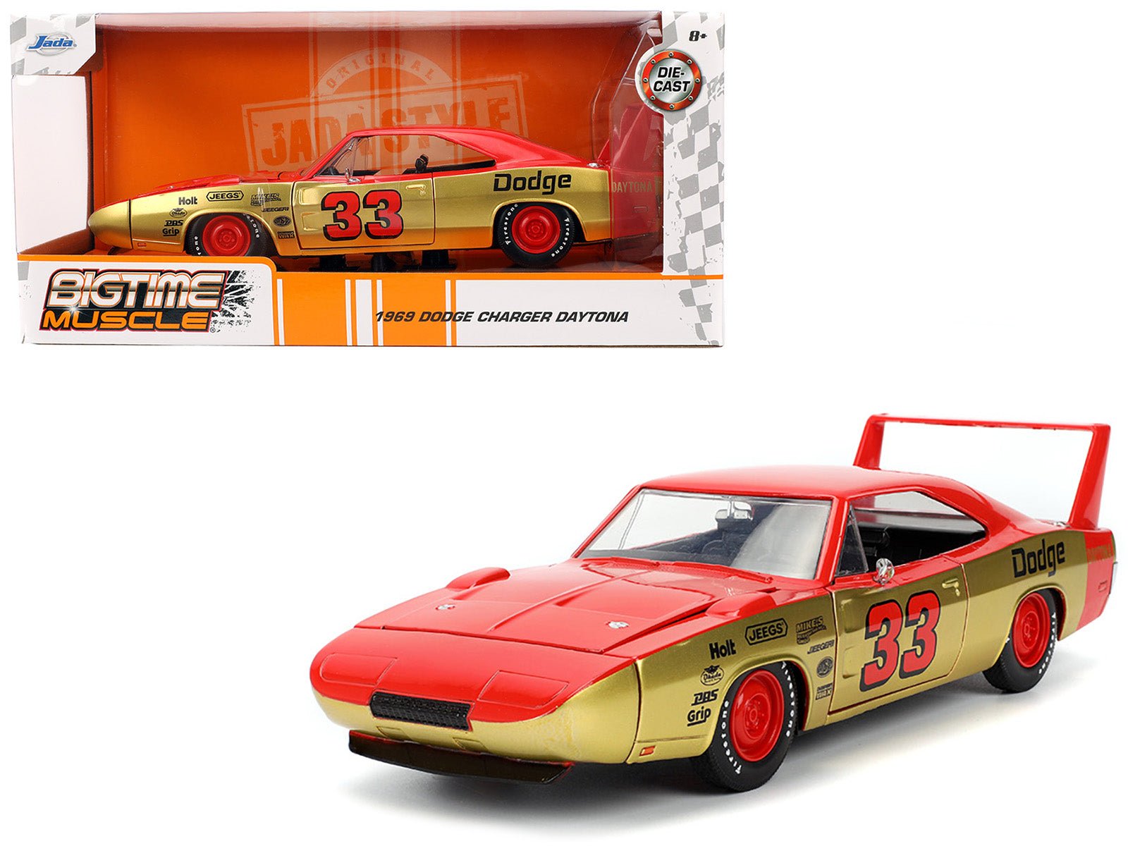 1969 Dodge Charger Daytona 33 Red and Gold Metallic with Graphics "Bigtime Muscle" Series 1/24 Diecast Model Car by Jada free shipping USA - Rapid Vehicles