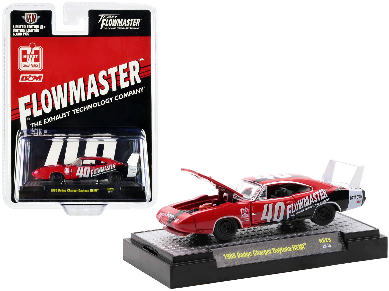 1969 Dodge Charger Daytona HEMI 40 Red with Graphics "Flowmaster" Limited Edition to 6600 pieces Worldwide 1/64 Diecast Model Car by M2 Machines free shipping USA - Rapid Vehicles