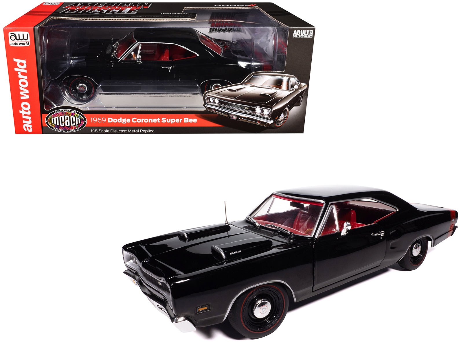 1969 Dodge Coronet Super Bee "Muscle Car & Corvette Nationals" (MCACN) Black with Red Interior "American Muscle" Series 1/18 Diecast Model Car by Auto World free shipping USA - Rapid Vehicles