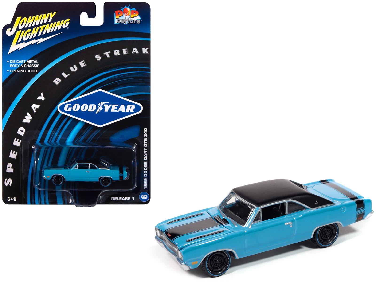 1969 Dodge Dart GTS 340 Blue with Black Top and Stripes "Goodyear Blue Streak" "Pop Culture" 2025 Release 1 1/64 Diecast Model Car by Johnny Lightning free shipping USA - Rapid Vehicles