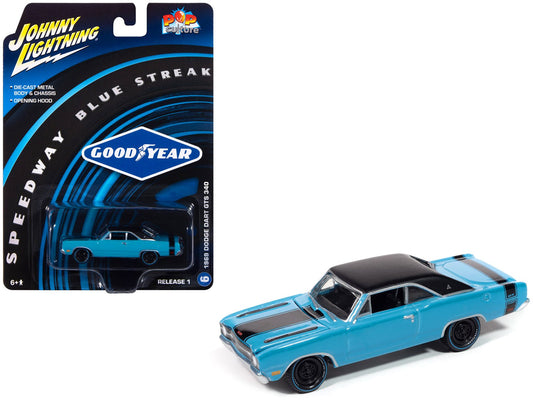 1969 Dodge Dart GTS 340 Blue with Black Top and Stripes "Goodyear Blue Streak" "Pop Culture" 2025 Release 1 1/64 Diecast Model Car by Johnny Lightning free shipping USA - Rapid Vehicles
