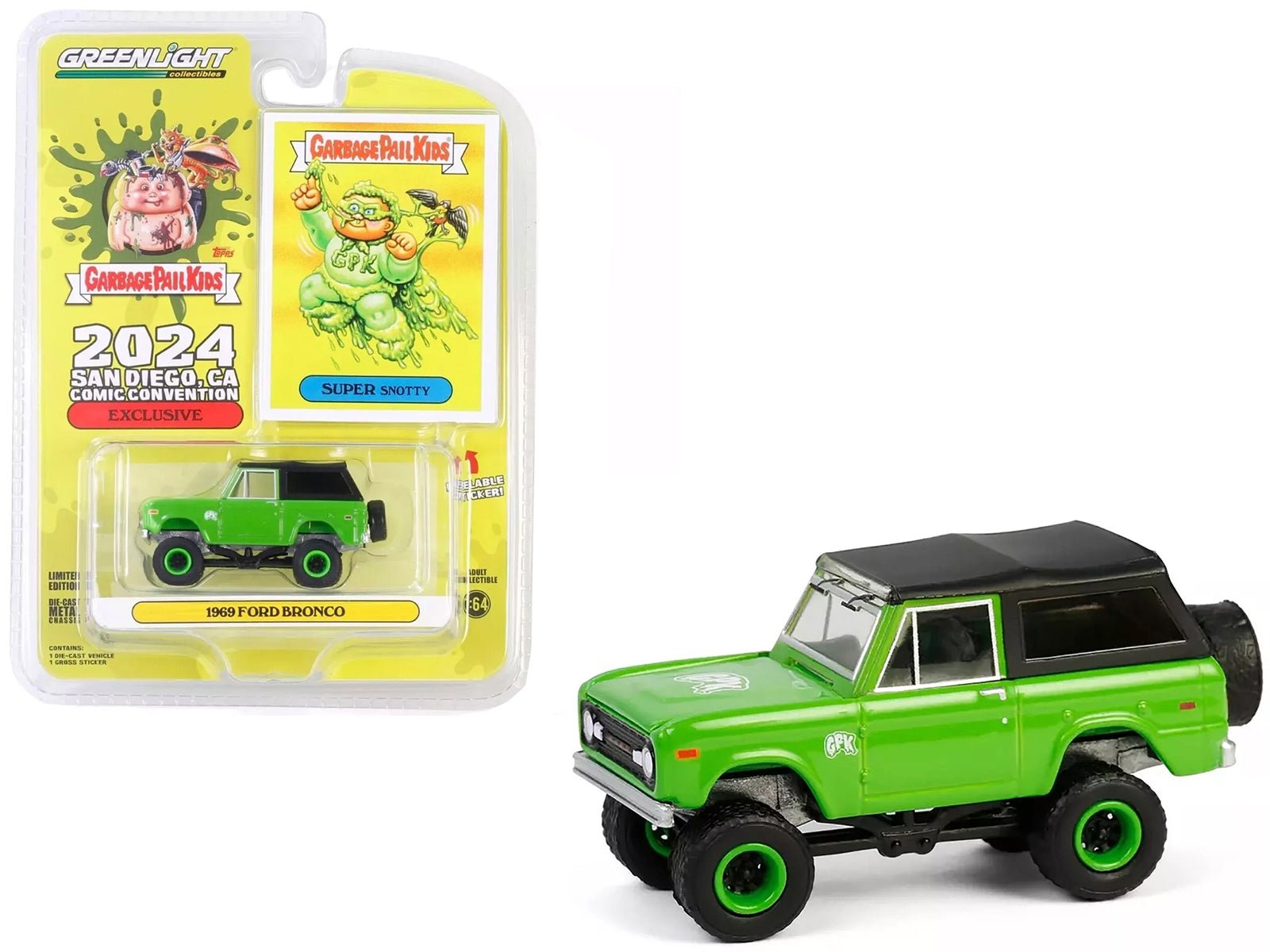 1969 Ford Bronco "Garbage Pail Kids: Super Snotty" Green with Black Top "San Diego Comic - Con 2024 Exclusive" 1/64 Diecast Model Car by Greenlight free shipping USA - Rapid Vehicles
