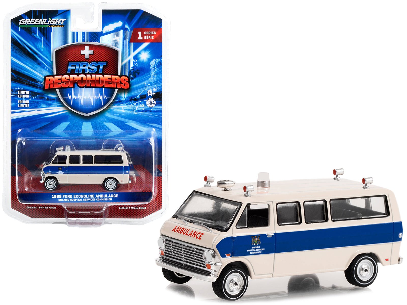1969 Ford Econoline Ambulance Beige with Blue Stripes "Ontario Hospital Services Commission Ontario Canada" "First Responders" Series 1 1/64 Diecast Model Car by Greenlight free shipping USA - Rapid Vehicles