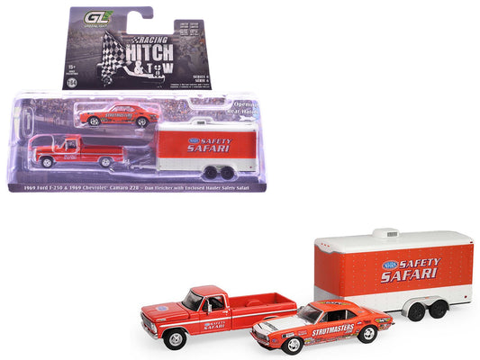 1969 Ford F - 250 Pickup Truck Red and 1969 Chevrolet Camaro Z28 "Dan Fletcher" Orange with White Hood "NHRA Safety Team" with Enclosed Car Trailer "Racing Hitch & Tow" Series 6 1/64 Diecast Model Cars by Greenlight free shipping USA - Rapid Vehicles