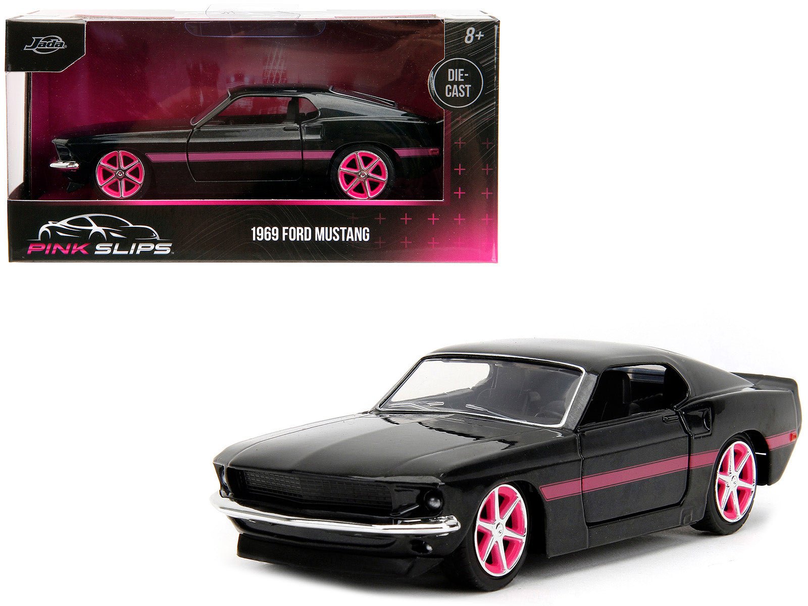 1969 Ford Mustang Black Metallic with Pink Stripes and Wheels "Pink Slips" Series 1/32 Diecast Model Car by Jada free shipping USA - Rapid Vehicles