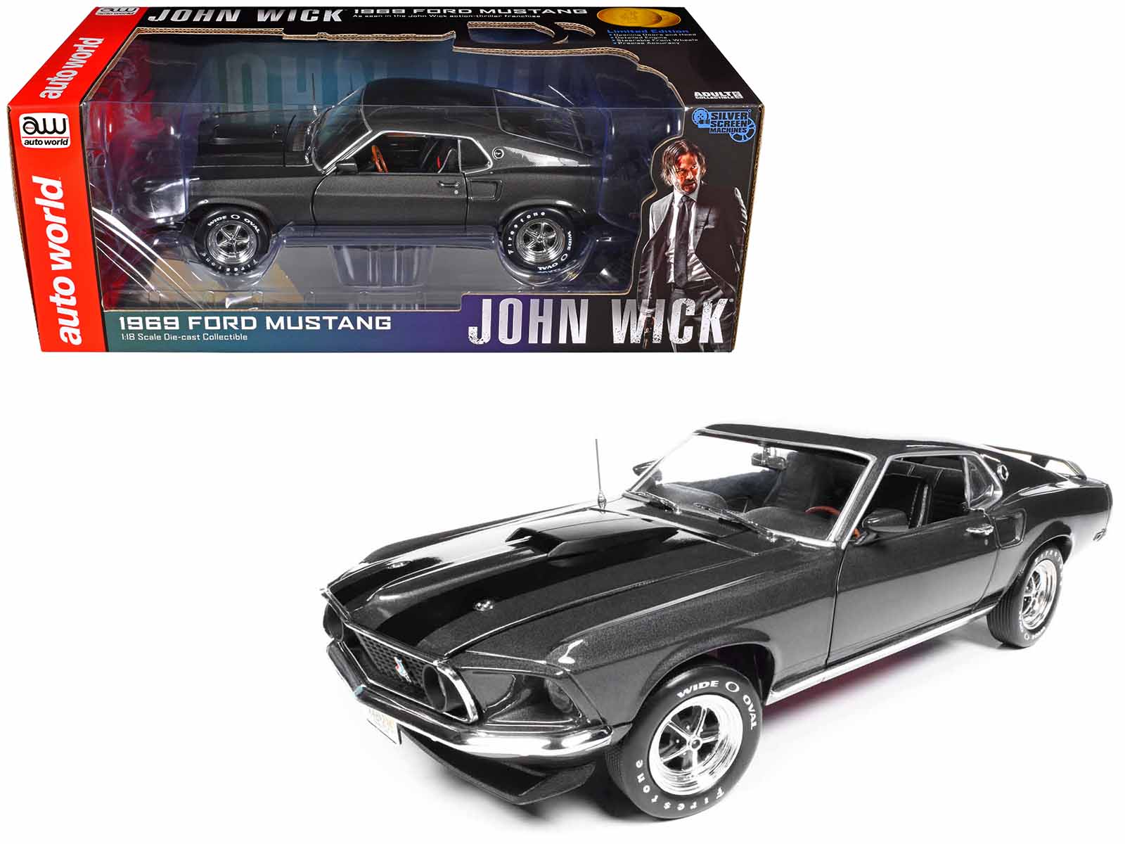 1969 Ford Mustang Dark Gray Metallic with Black Stripes "John Wick" (2014) Movie "Silver Screen Machines" Series 1/18 Diecast Model Car by Auto World free shipping USA - Rapid Vehicles