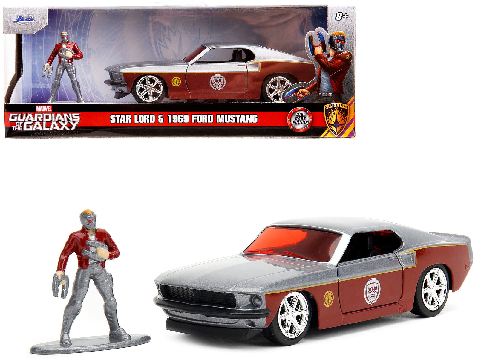 1969 Ford Mustang Silver Metallic and Dark Red and Star Lord Diecast Figure "Marvel Guardians of the Galaxy" "Hollywood Rides" Series 1/32 Diecast Model Car by Jada free shipping USA - Rapid Vehicles