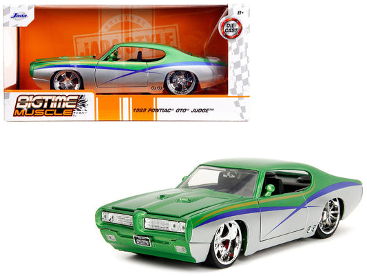 1969 Pontiac GTO Judge Green Metallic and Silver with Stripes "Bigtime Muscle" Series 1/24 Diecast Model Car by Jada free shipping USA - Rapid Vehicles