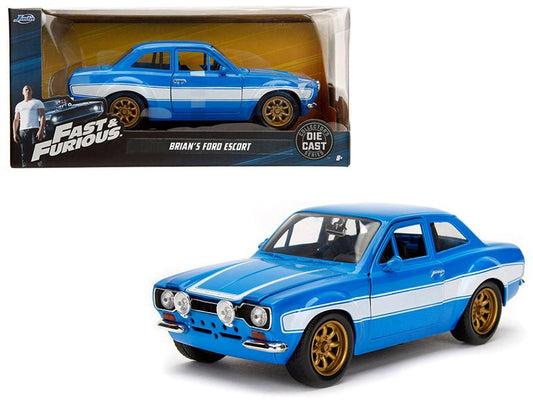 1970 Brian's Ford Escort Blue with White Stripes "Fast & Furious" Movie 1/24 Diecast Model Car by Jada free shipping USA - Rapid Vehicles