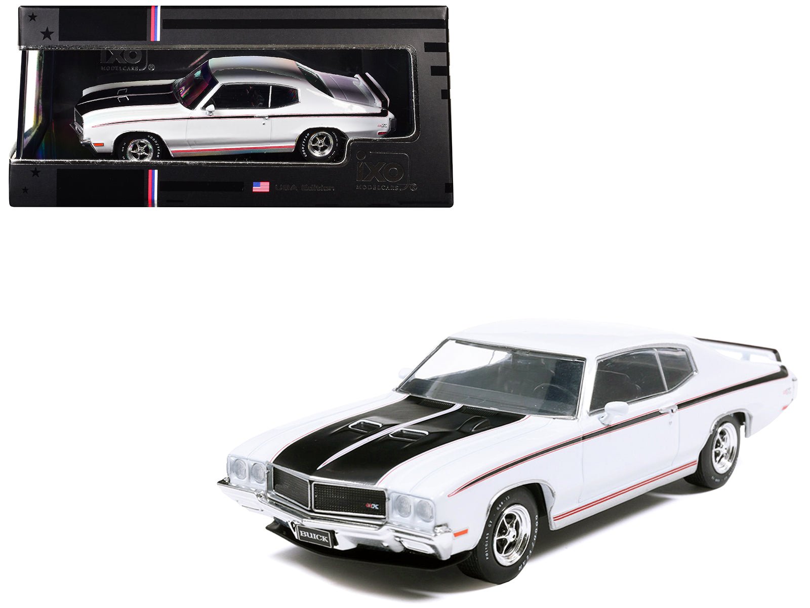 1970 Buick GSX Apollo White with Black and Red Stripes 1/43 Diecast Model by IXO Models free shipping USA - Rapid Vehicles