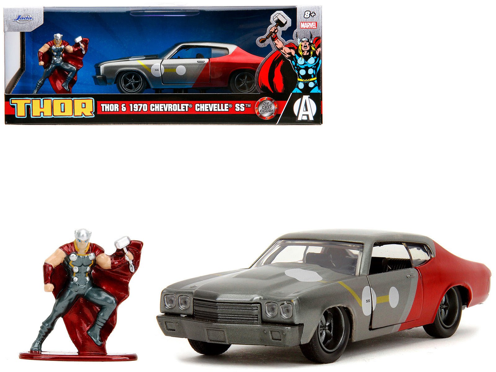 1970 Chevrolet Chevelle SS Gray Metallic and Red Metallic with Black Hood and Thor Diecast Figure "The Avengers" "Hollywood Rides" Series 1/32 Diecast Model Car by Jada free shipping USA - Rapid Vehicles
