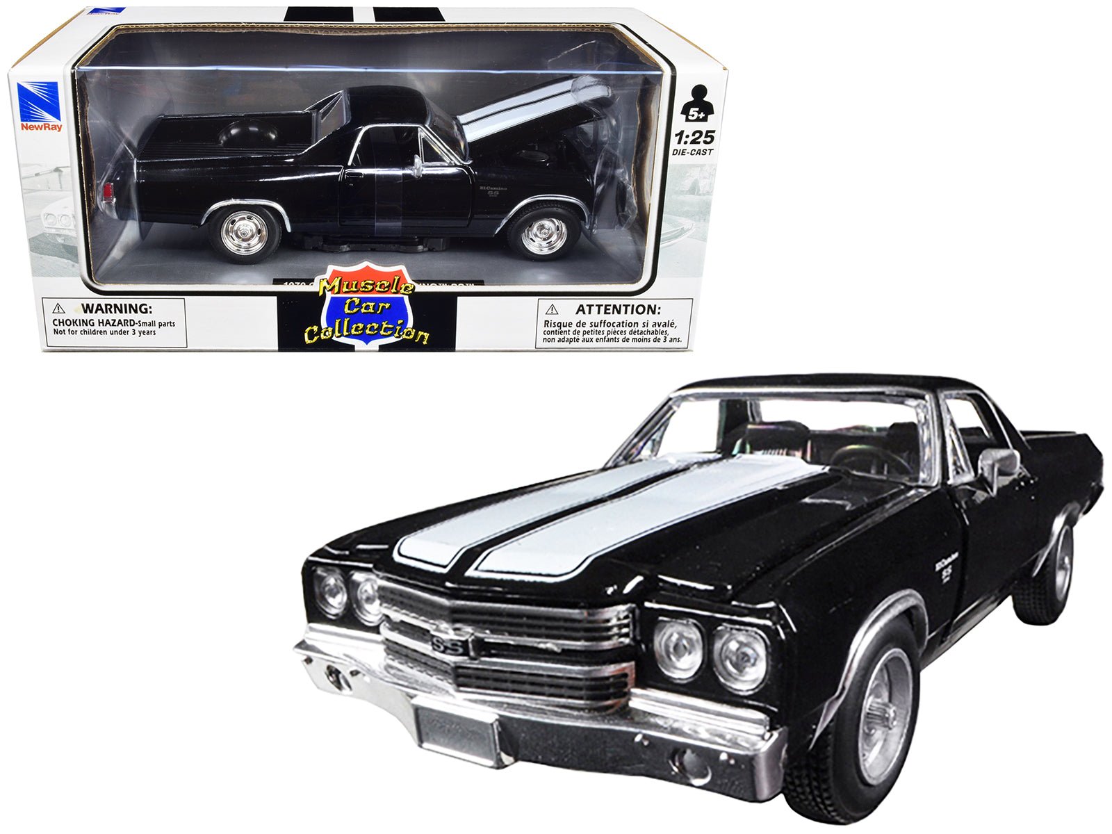 1970 Chevrolet El Camino SS Black with White Stripes "Muscle Car Collection" 1/25 Diecast Model Car by New Ray free shipping USA - Rapid Vehicles