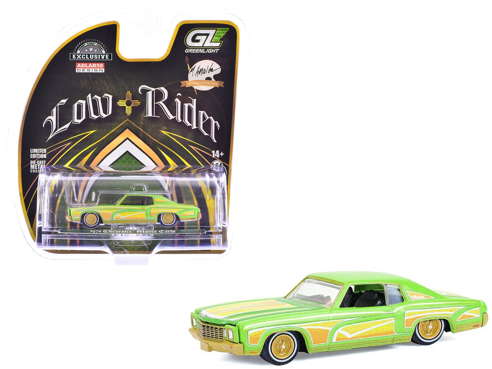 1970 Chevrolet Monte Carlo Lowrider "Michael Heralda Special Edition" Lime Green with Graphics "Hobby Exclusive" Series 1/64 Diecast Model Car by Greenlight free shipping USA - Rapid Vehicles
