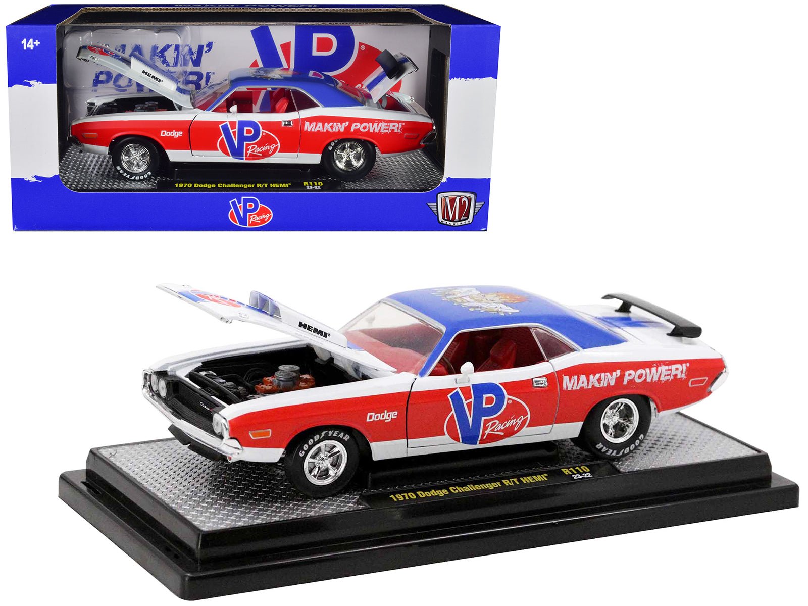 1970 Dodge Challenger R/T Hemi White with Red and Blue Stripes with Red Interior "VP Racing" Limited Edition to 5710 pieces Worldwide 1/24 Diecast Model Car by M2 Machines free shipping USA - Rapid Vehicles