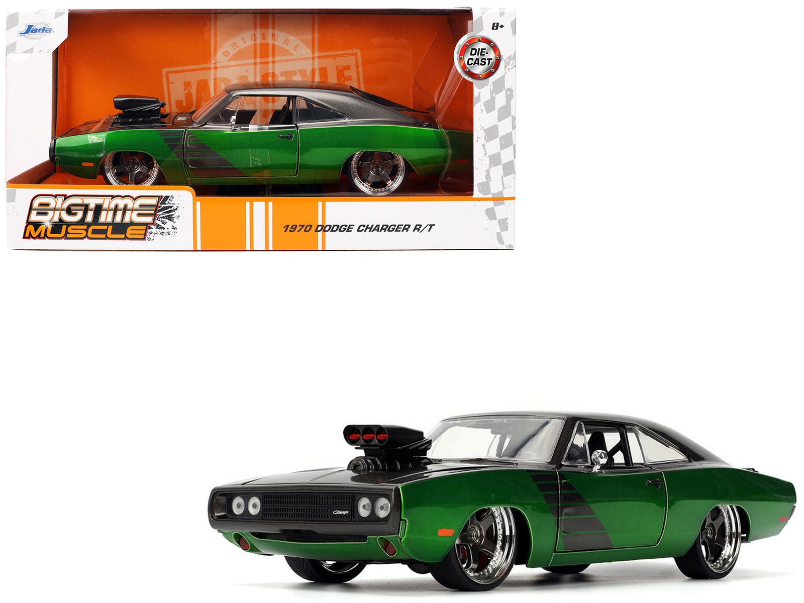 1970 Dodge Charger R/T Dark Gray Metallic and Green Metallic with Dark Gray Stripes "Bigtime Muscle" Series 1/24 Diecast Model Car by Jada free shipping USA - Rapid Vehicles