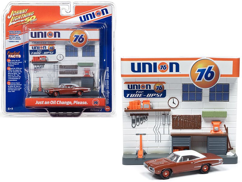 1970 Dodge Coronet Super Bee Brown with White Top and "Union 76" Interior Service Gas Station Facade Diorama Set "Johnny Lightning 50th Anniversary" 1/64 Diecast Model Car by Johnny Lightning free shipping USA - Rapid Vehicles