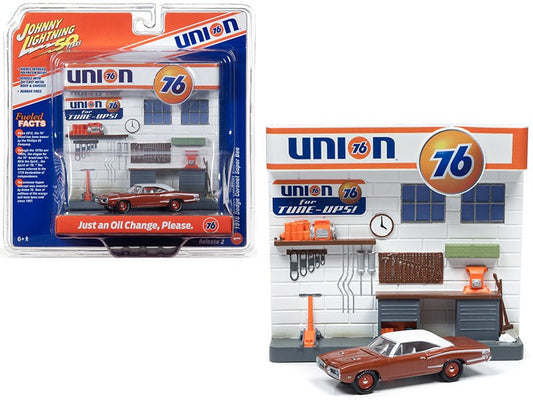1970 Dodge Coronet Super Bee Brown with White Top and "Union 76" Interior Service Gas Station Facade Diorama Set "Johnny Lightning 50th Anniversary" 1/64 Diecast Model Car by Johnny Lightning free shipping USA - Rapid Vehicles
