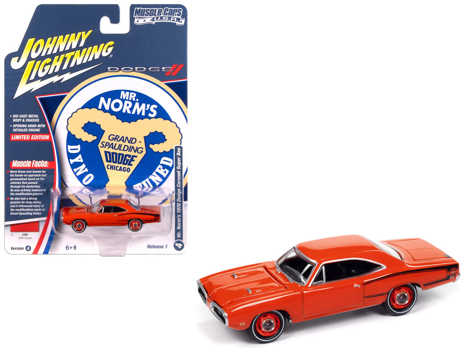 1970 Dodge Coronet Super Bee "Mr. Norm's" Hemi Orange with Black Stripes "Muscle Cars USA" Series 1/64 Diecast Model Car by Johnny Lightning free shipping USA - Rapid Vehicles