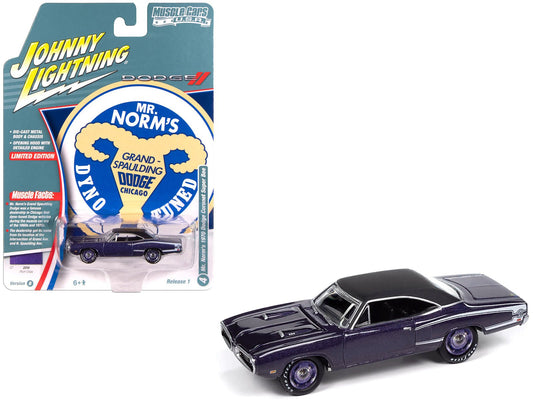 1970 Dodge Coronet Super Bee "Mr. Norm's" Plum Crazy Metallic with Black Top and White Stripes 1/64 Diecast Model Car by Johnny Lightning free shipping USA - Rapid Vehicles