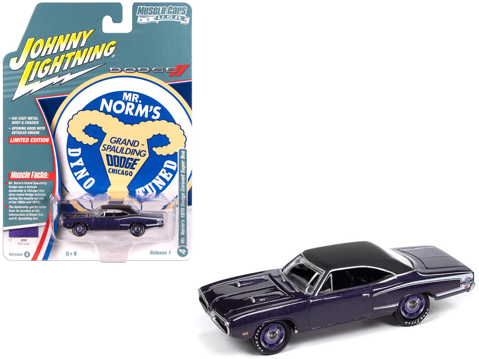 1970 Dodge Coronet Super Bee "Mr. Norm's" Plum Crazy Metallic with Black Top and White Stripes 1/64 Diecast Model Car by Johnny Lightning free shipping USA - Rapid Vehicles