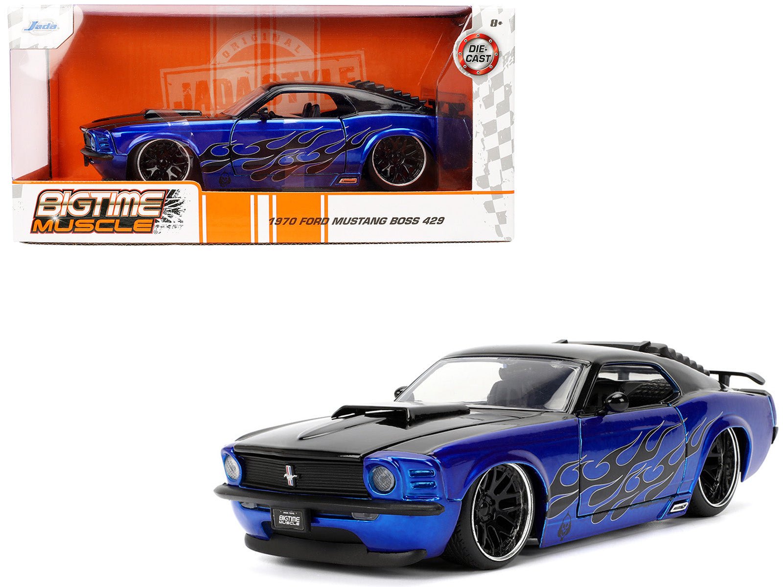 1970 Ford Mustang Boss 429 Black and Blue Metallic with Flames "Bigtime Muscle" Series 1/24 Diecast Model Car by Jada free shipping USA - Rapid Vehicles