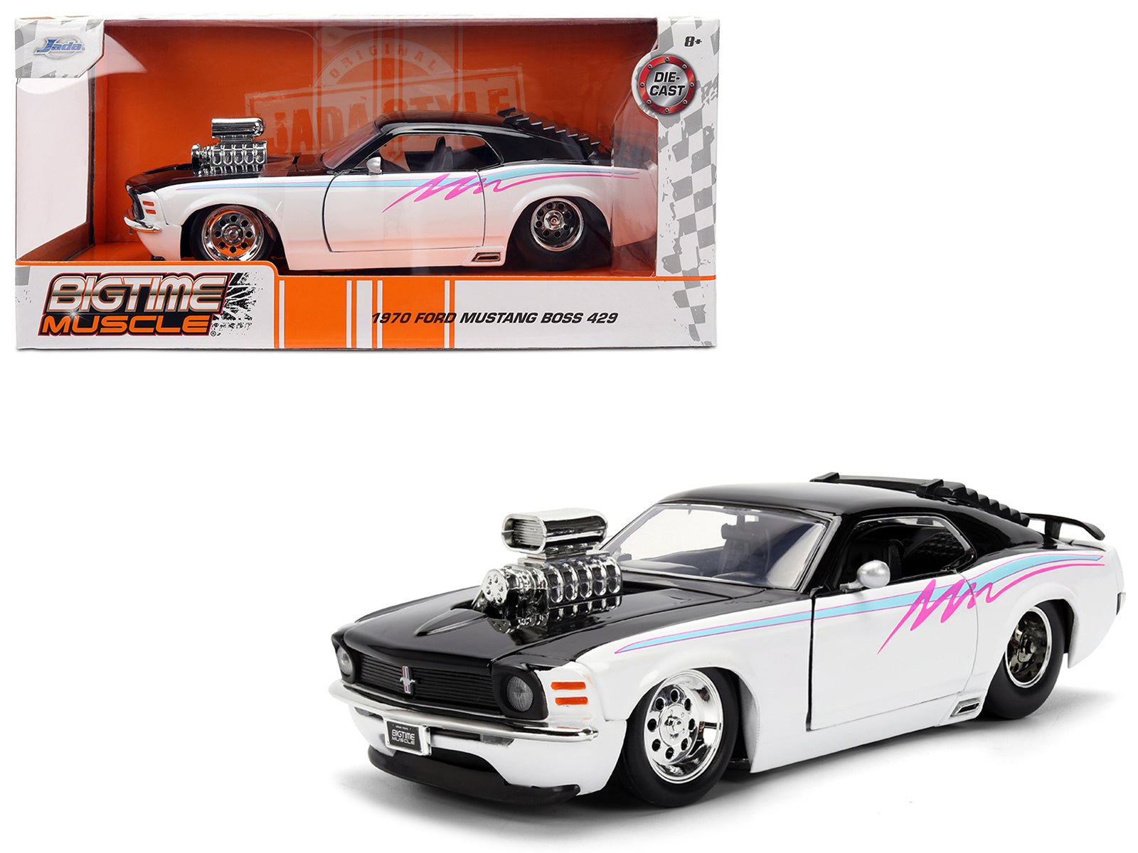 1970 Ford Mustang Boss 429 Black and White with Graphics "Bigtime Muscle" Series 1/24 Diecast Model Car by Jada free shipping USA - Rapid Vehicles