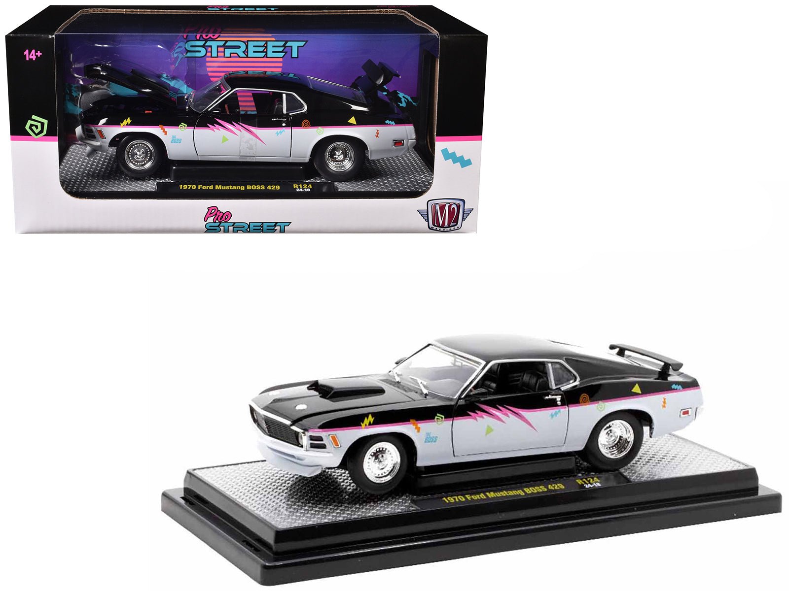 1970 Ford Mustang BOSS 429 "Pro Street" Black and Gray with Graphics Limited Edition to 6650 pieces Worldwide 1/24 Diecast Model Car by M2 Machines free shipping USA - Rapid Vehicles