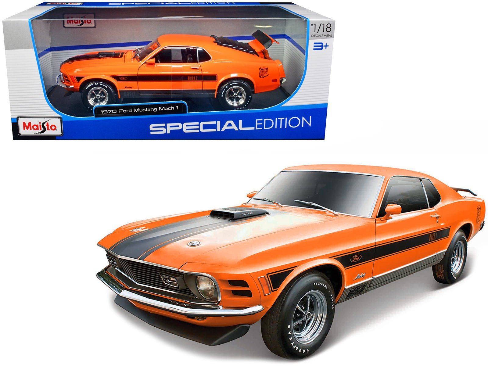 1970 Ford Mustang Mach 1 428 "Twister Special" Orange with Black Stripes "Special Edition" 1/18 Diecast Model Car by Maisto free shipping USA - Rapid Vehicles