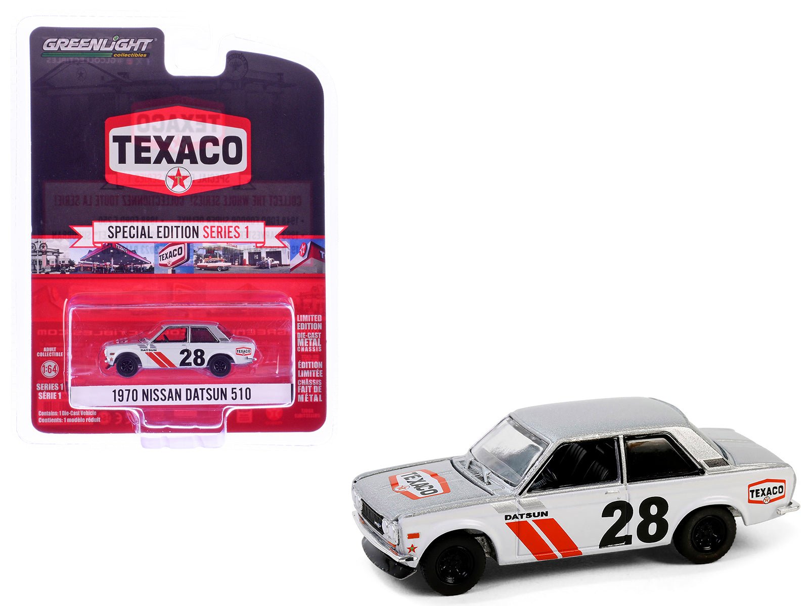 1970 Nissan Datsun 510 28 "Texaco" Silver Metallic and White with Red Stripes "Texaco Special Edition" Series 1 1/64 Diecast Model Car by Greenlight free shipping USA - Rapid Vehicles