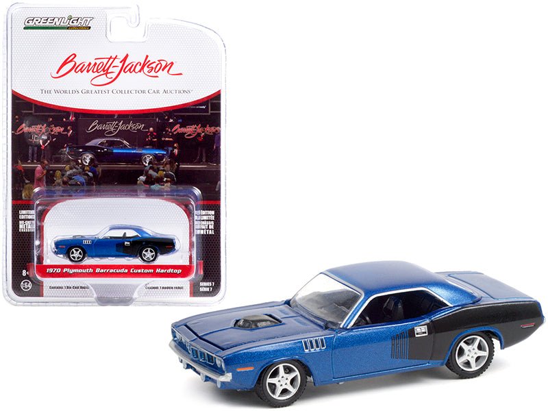 1970 Plymouth Barracuda Custom Hardtop Blue Metallic and Black with Modern HEMI Lettering (Lot 720) Barrett Jackson "Scottsdale Edition" Series 7 1/64 Diecast Model Car by Greenlight free shipping USA - Rapid Vehicles