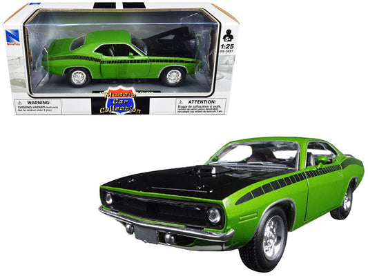 1970 Plymouth Barracuda Green with Black Hood and Stripes "Muscle Car Collection" 1/25 Diecast Model Car by New Ray free shipping USA - Rapid Vehicles