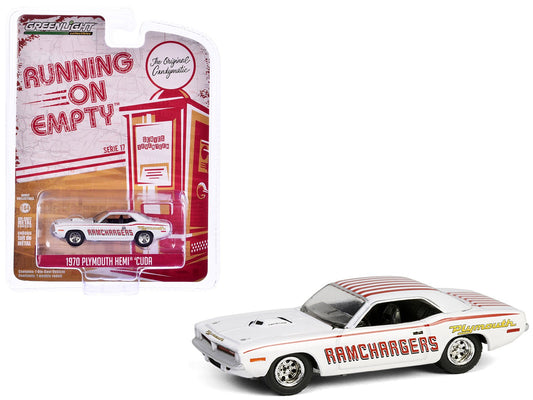 1970 Plymouth Hemi Barracuda "Ramchargers" White with Red Stripes "Running on Empty" Series 17 1/64 Diecast Model Car by Greenlight free shipping USA - Rapid Vehicles