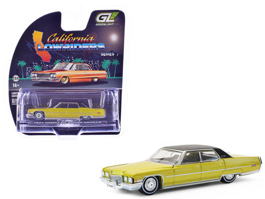 1971 Cadillac Sedan Deville Lowrider Gold Metallic with Black Top "California Lowriders" Series 7 1/64 Diecast Model Car by Greenlight free shipping USA - Rapid Vehicles