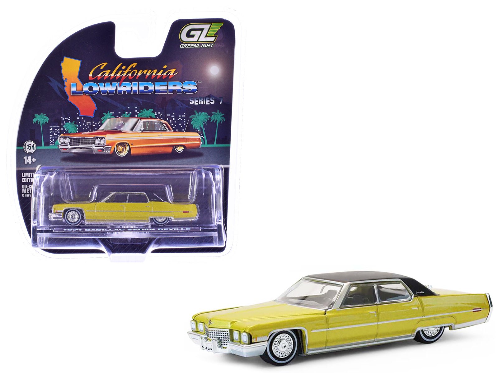1971 Cadillac Sedan Deville Lowrider Gold Metallic with Black Top "California Lowriders" Series 7 1/64 Diecast Model Car by Greenlight free shipping USA - Rapid Vehicles